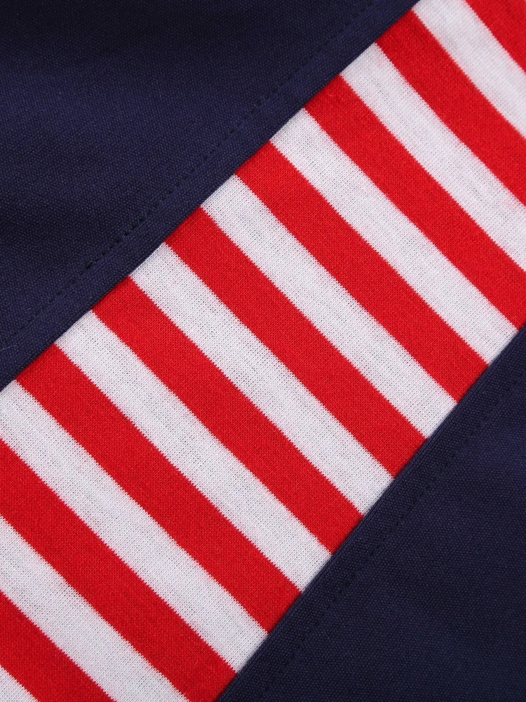 Nautical Striped A-Line Dress - Retro Patchwork Short Sleeve Midi Dresses